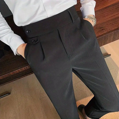 Casual Men's Spring and Summer 2024 New Business Formal Solid Color High Waisted Button Zipper Ruched Pocket Straight Suit Pants