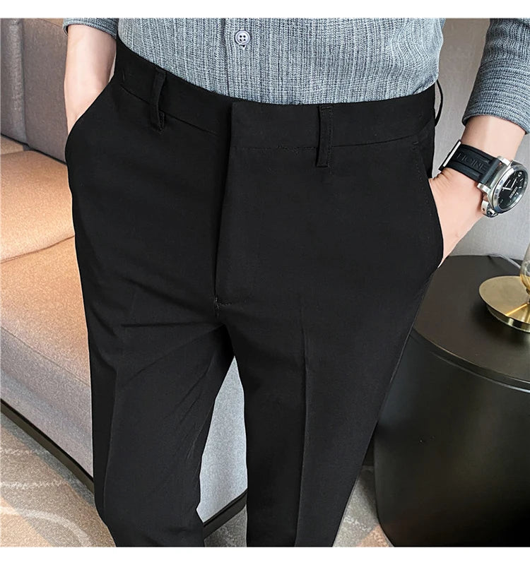 9 Color Summer Fashion Mens Suit Pants Pure Color Business Formal Pants Slim Fit Office Mens Wedding Social Ankle Long Trousers