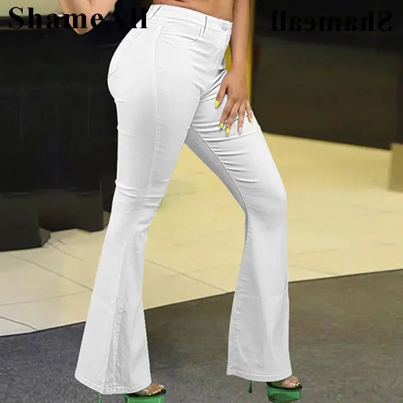 Loose Comfortabl White Flare Jeans 3XL Streetwear Women High Waist Stretchy Grunge Denim Pants Wide Leg Bell Bottoms