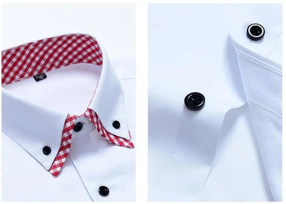 Quality Diamond Men Short Sleeve Shirt Button White Formal Solid Plaids Dress Shirts Turn Down Slim Fit Casual Camisa Masculina