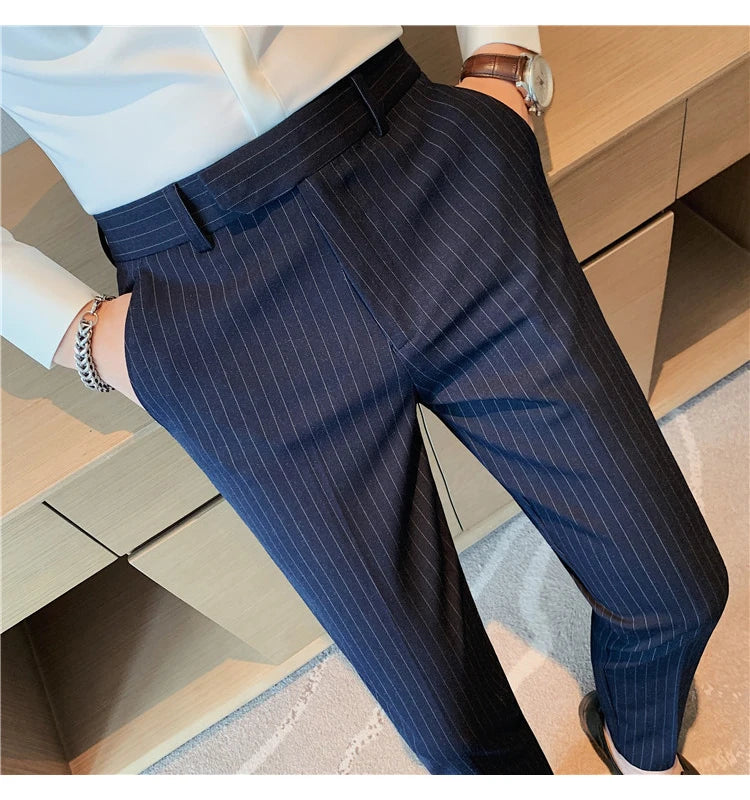 British Style Striped Slim Fit Suit Pant Men Business Casual Simple Dress Pants High Quality Social Wedding Party Trousers 38-28