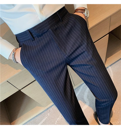 British Style Striped Slim Fit Suit Pant Men Business Casual Simple Dress Pants High Quality Social Wedding Party Trousers 38-28