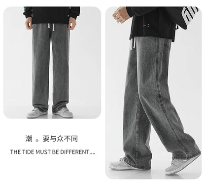 Jeans Men New Streetwear Baggy Wide Leg Jeans Korean Fashion Straight Casual Loose Denim Cargo Pants Male Light Blue Grey Black