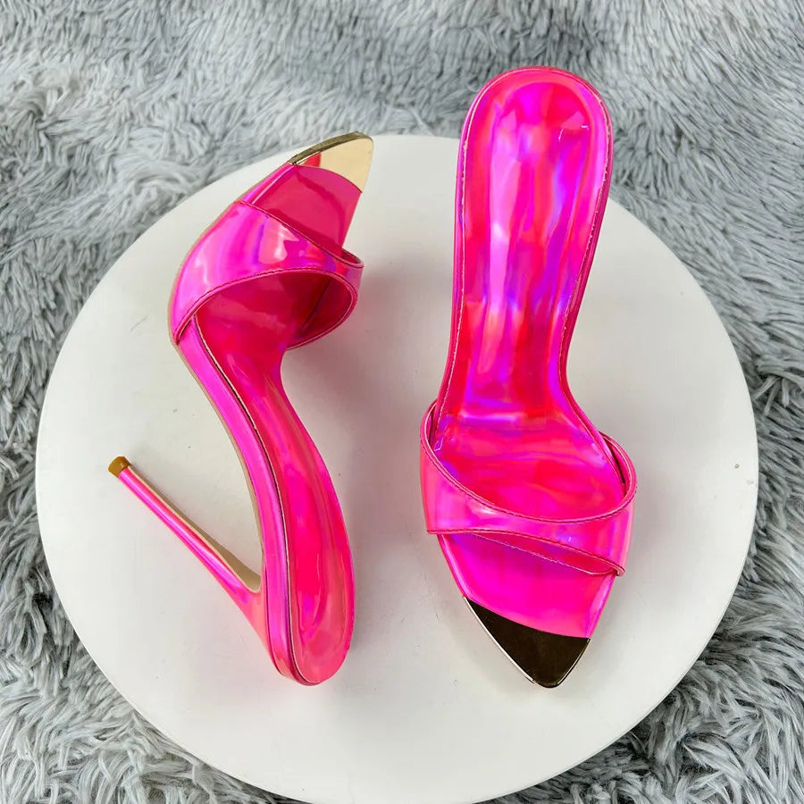 Fashion Sandals Women's New High Quality Pointed Toe Open Toe Shallow Mouth Laser Pink Crystal Slippers Modern Open Shoes