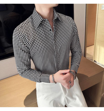 High Quality Vintage Houndstooth Long Sleeve Social Shirts For Men Clothing 2024 Business Slim Fit Casual Prom Tuxedo Non-Iron