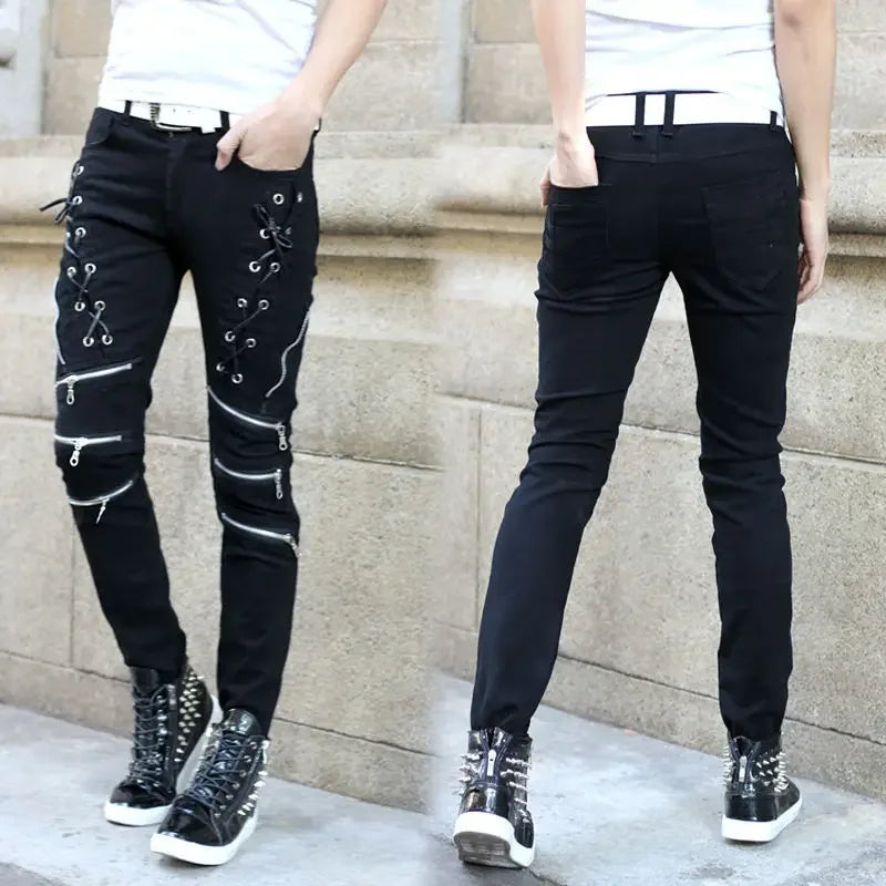 Motorcycle Denim Pants Men's Black Jeans Fashion Stretch Zipper Skinny Jeans Leather Moto Biker Men Slim Pants Hot Selling