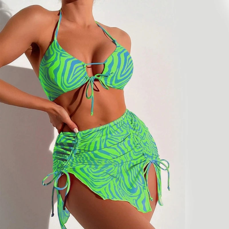 Women Sexy Hollow Out Swimsuit with Beach Skirt Three Pieces Stripe Print Split Bathing Suit Lady String Halter Neck Bikinis Set