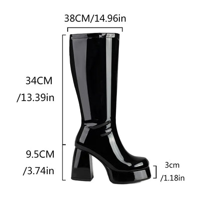 Purple Patent Leather Knee High Boots Waterproof Platform 10cm Thick Heel Bar Stage Boots 35-48  Zip Square Head Long Boots Side