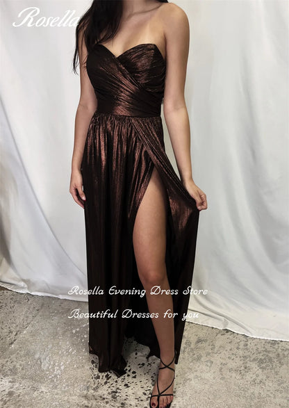 ROSELLA Brown Sexy Evening Gowns Pleated A Line Formal Prom Dress Sweetheart Floor Length High Split Vestido De Festa New 2023