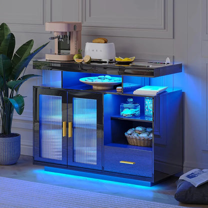 39.4" Modern LED Sideboard Buffet Cabinet with Charging Station, High Glossy Cupboard with Motion Sensor Light, Sideboards