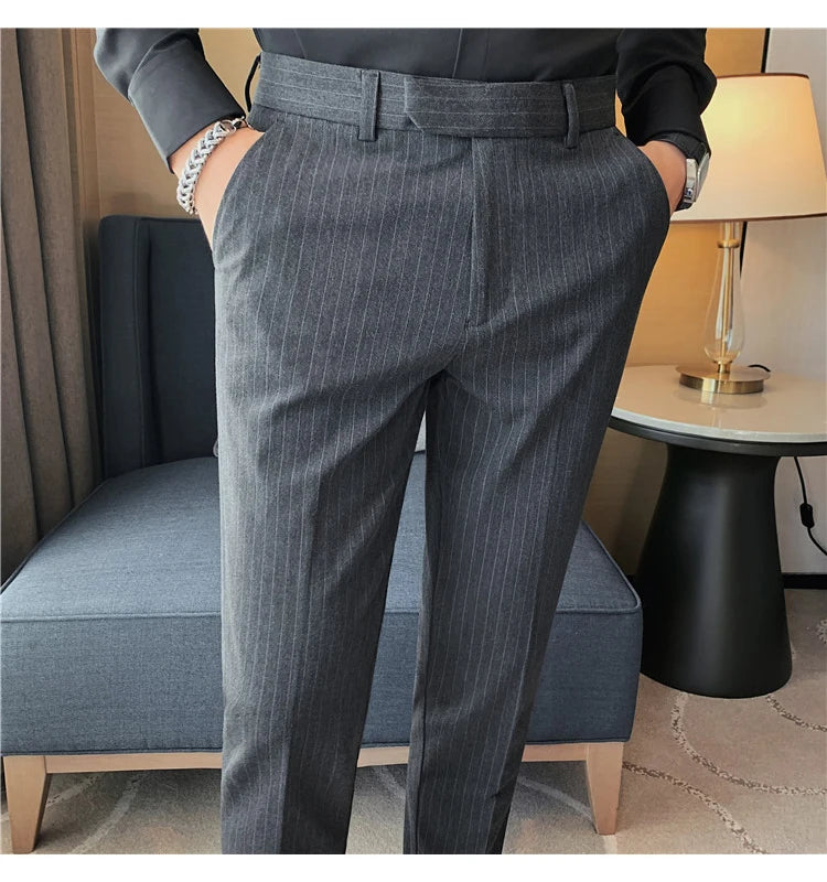 British Style Striped Slim Fit Suit Pant Men Business Casual Simple Dress Pants High Quality Social Wedding Party Trousers 38-28