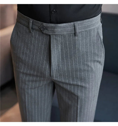 Men Boutique Black Striped Suits Pants Male Formal Wear Wedding Dress Trousers Quality British Style Business Casual Suit Pants