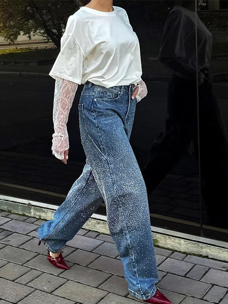 Rhinestone Wide Leg Lady Jeans Diamonds Denim Straigt High Waist Zipper Female Pants 2025 Fashion Pockets Street Lady Trouser