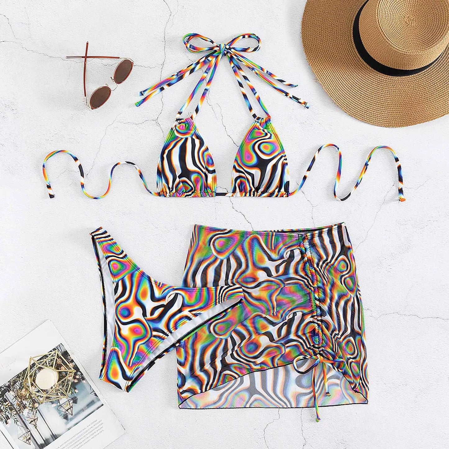 Fashionable Color Wave Line Printing Swimsuit Halter Drawstring Lace Up Sexy Deep-V Bra Backless Vest Bikini High Waist Swimwear