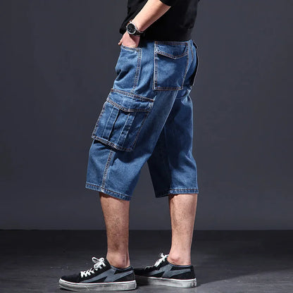 Men's Summer Loose Fit Cargo Short Jeans With Big Pockets Baggy Casual Work Denim Shorts Washed Blue Big Size