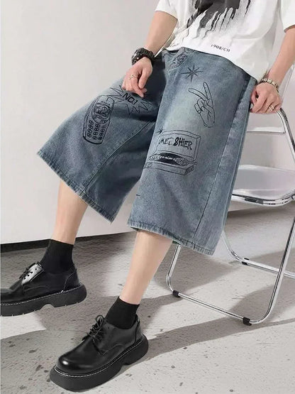 Summer Men Shorts Hip Hop Pockets Straight Wide Length Male Painted Harajuku Jeans Baggy Loose Cool Streetwear Short Pants