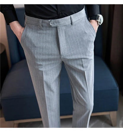 Men Boutique Black Striped Suits Pants Male Formal Wear Wedding Dress Trousers Quality British Style Business Casual Suit Pants