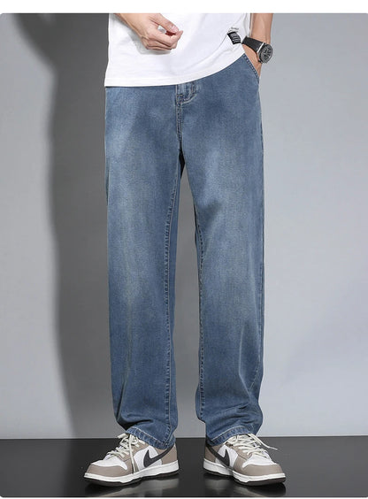 Summer Thin Men's Straight Loose Gray Jeans Soft Fabric Lyocell Fabric Light Colored Casual Pants Male Brand Trousers