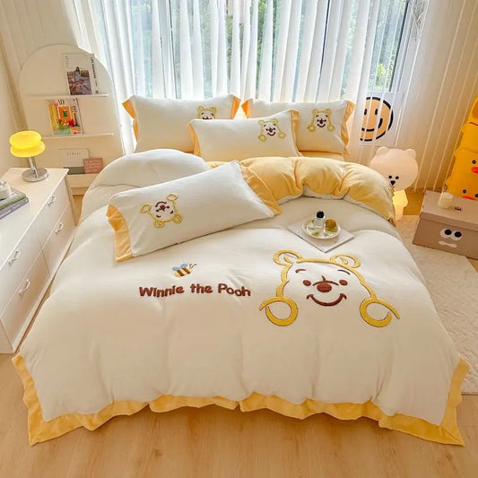 Lotso Stellalou Mickey Pooh Bear simple cartoon print comfortable and warm milk velvet bed sheet and quilt cover four-piece set