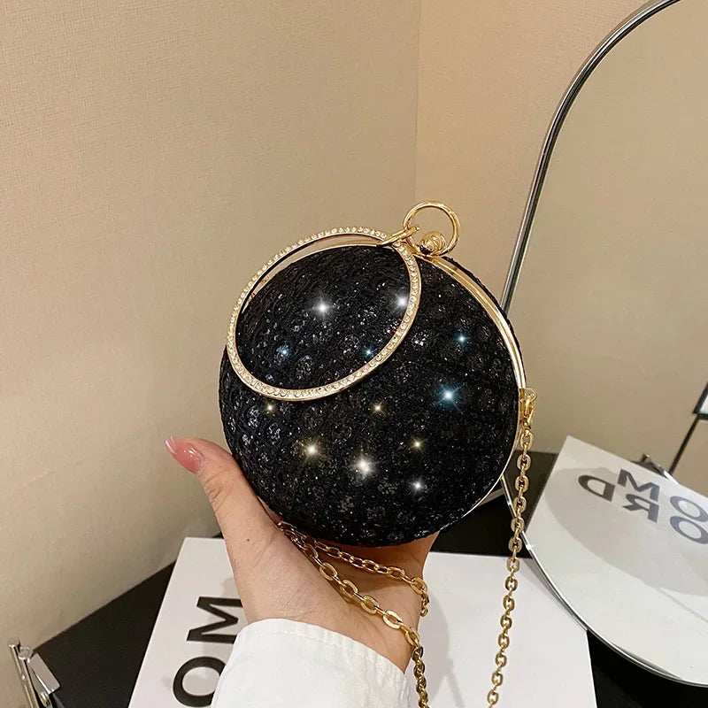 Sparkly Round Evening Purses for Women Shiny Diamonds Handbag Unusual Party Mini Small Bags Fashion Luxury Shoulder Bag Woman