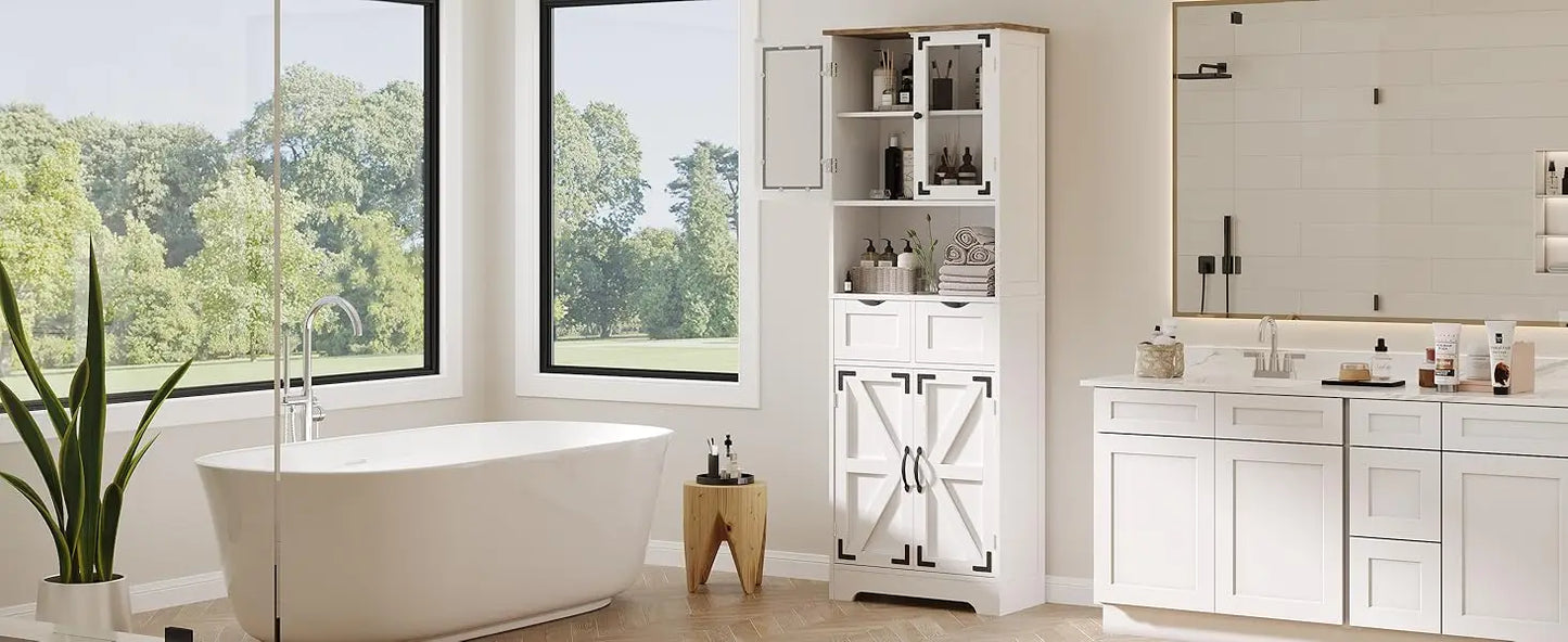 67" Tall Bathroom Storage Cabinet, Freestanding Linen Cabinet with Glass Doors & Drawer, Large Bathroom Pantry