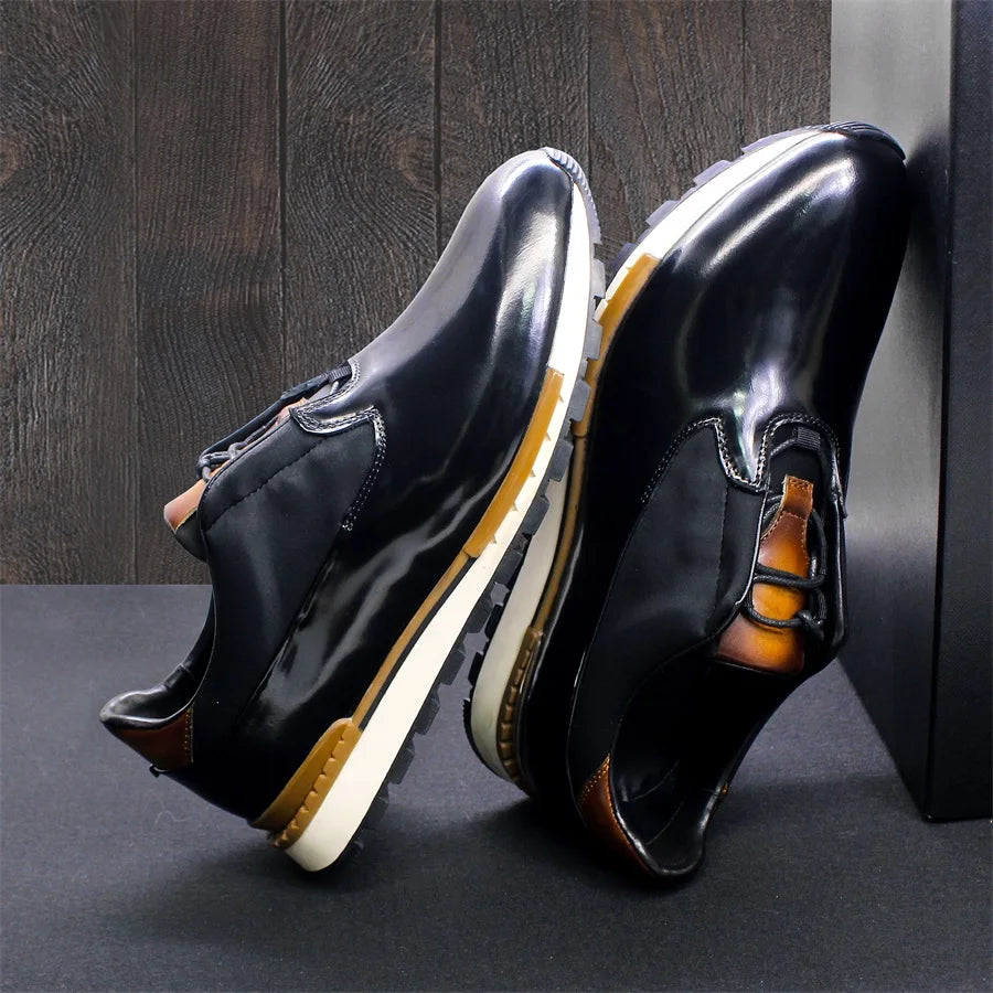 Men's Genuine Leather Casual Shoes Thick Sole Glossy Lace Up Comfortable Handmade Sneakers Dating Marriage Street Men's Shoes