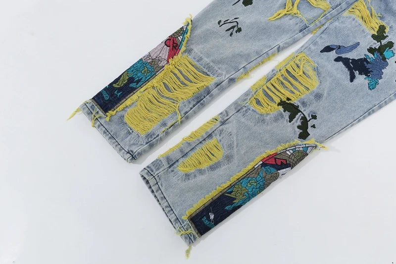 Chinese Painting Embroidered Patch Denim Ripped Jeans for Men Streetwear Washed Destroyed Pleated Straight Jean Male Tassels