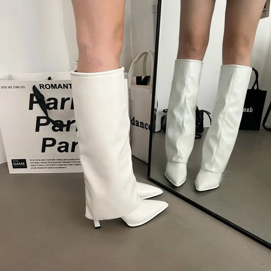 White Knee High Boots Women Pointed Toe Stiletto Long Boots Brown Designer High Heels Trousers Black Shoes Botines De Mujer