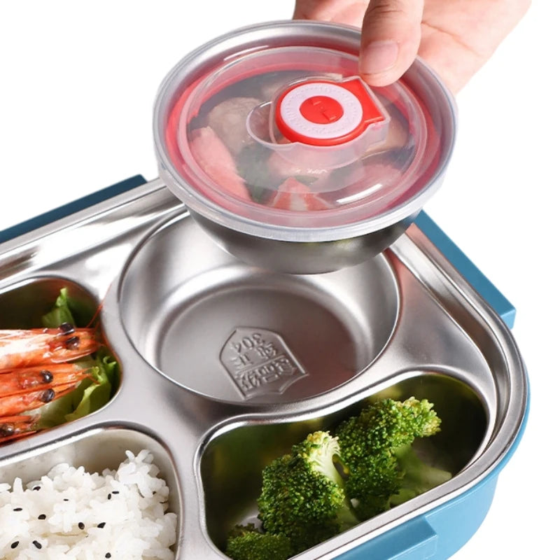 304 Stainless Lunch Box Double Layered with Spoon & Fork Leakproof Eco-Friendly Food-Safe Materials Bowl with Handle for Kids