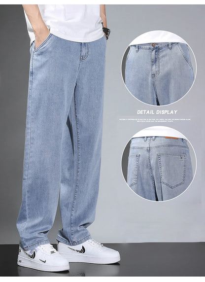 Summer Thin Men's Straight Loose Gray Jeans Soft Fabric Lyocell Fabric Light Colored Casual Pants Male Brand Trousers