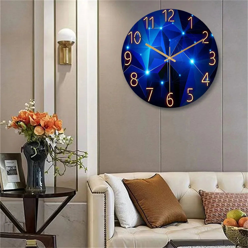 1pc 12inch Wall Clock Geometric Elements Dark Blue Thickened Tempered Glass Silent Movement Quartz Living Room Home Decor Gift