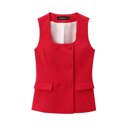 TRAFZA Women Summer Fashion Suits Red Square Neck Sleeveless Pockets Double Breasted Waistcoat Top+Mid-Waist Slit Stralght Pants