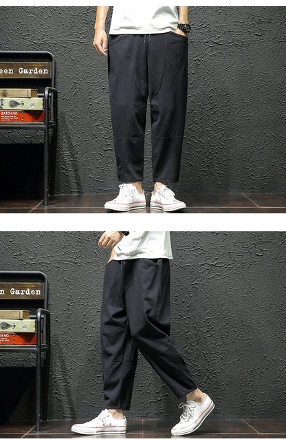 100% Cotton Ankle Length Pants Summer Casual Pants Man Trendy Japanese Loose Pants Men