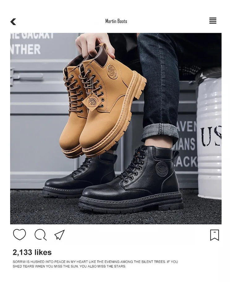 Men's Boots Autumn New High Top Workwear Boots British Style Korean Version Thick Soled Lace Up Anti Slip Warm Waterproof Boots