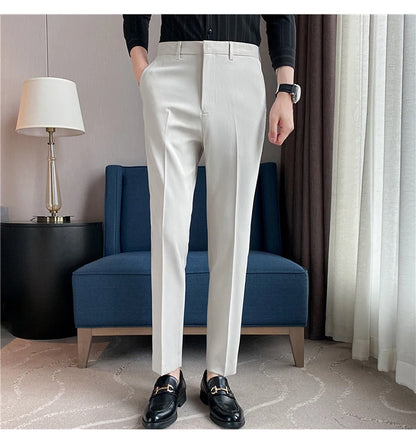 9 Color Summer Fashion Mens Suit Pants Pure Color Business Formal Pants Slim Fit Office Mens Wedding Social Ankle Long Trousers