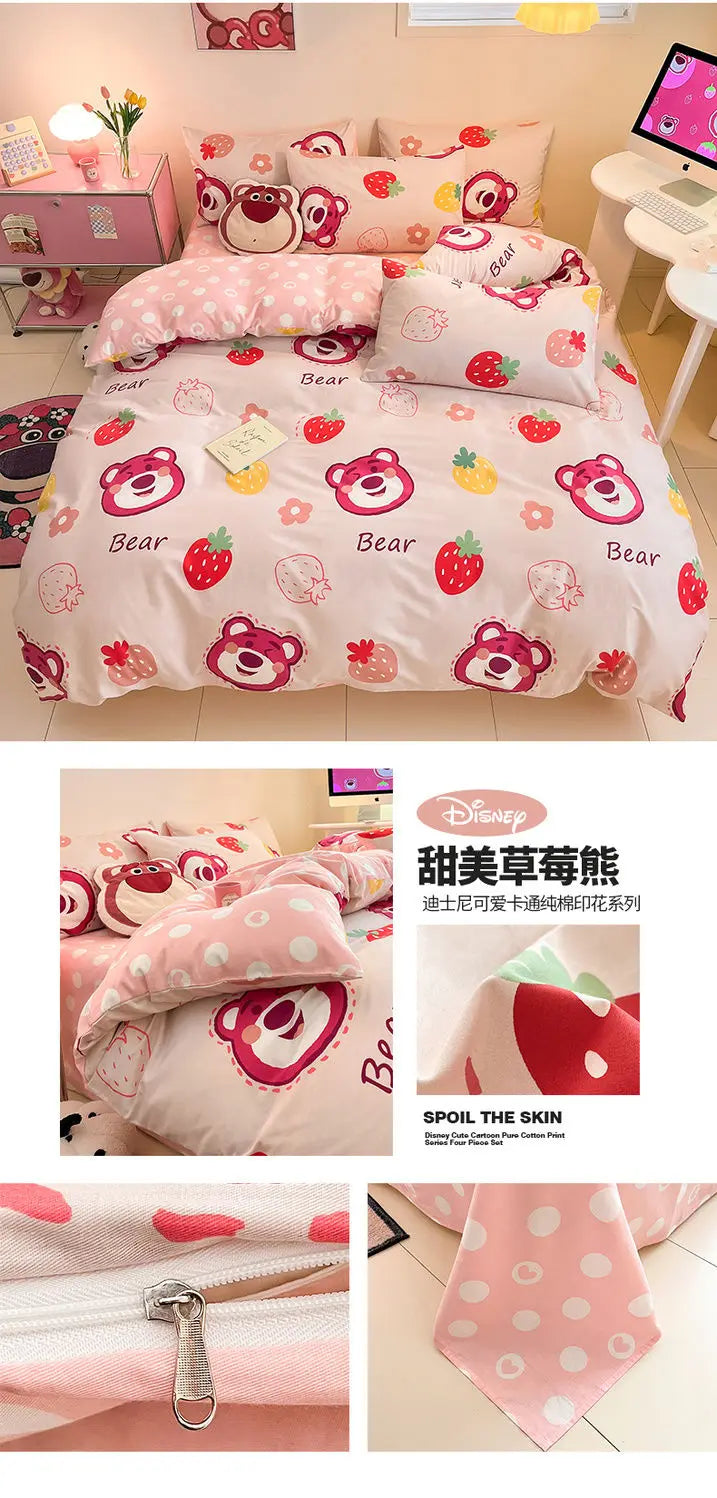 Toy Story Lotso Buzz Lightyear Alien Mickey Stitch Pooh Bear Fun Cartoon Printed Cotton Sheets and Quilt Covers Three Piece Set