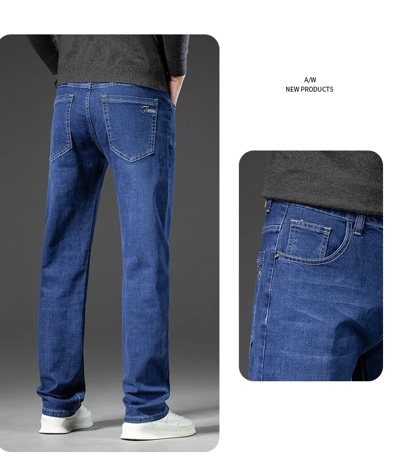 2024 Spring New Men's Straight Black Jeans Large Size 40 42 44 46 Classic Style Business Stretch Denim Pants Casual Trousers