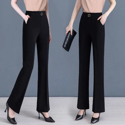 2023Women's Spring and Autumn New Fashion Elegant Solid Pocket Elastic Casual High Waist Loose Wide Leg Straight Flare Pants