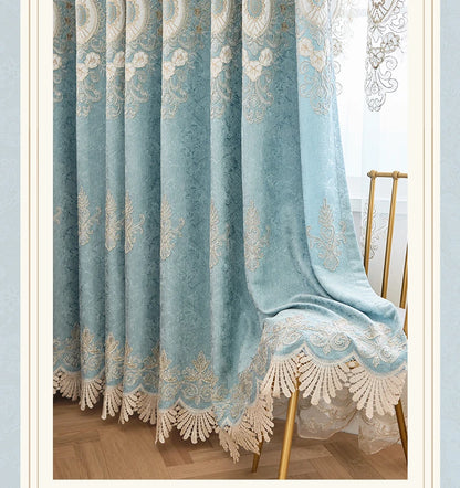 New European Style Simple light blue Thread Embroidered Curtains for Living Room Bedroom Study Blackout Curtain Customization