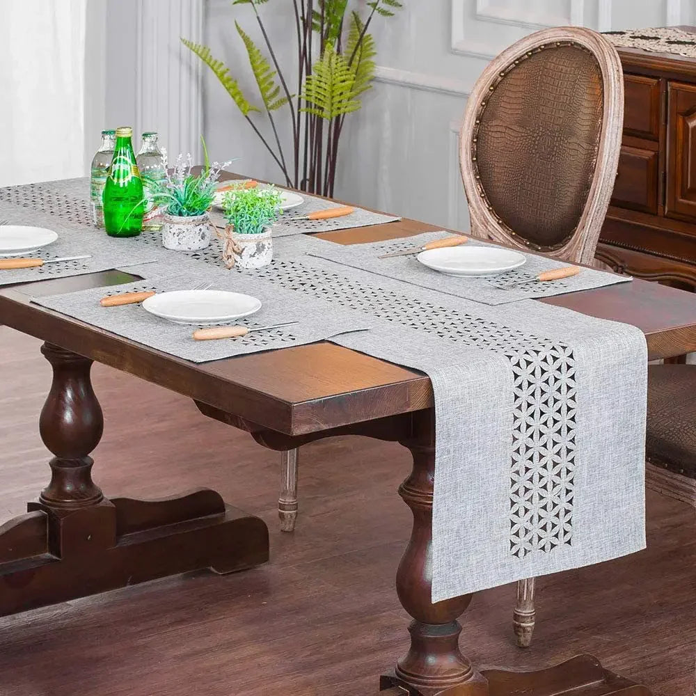 Gray Hollow Table Runner Rectangle Double Solid Fabric Farmhouse Flat Perforation Home Table Runners for Dining Holiday 13 x72In