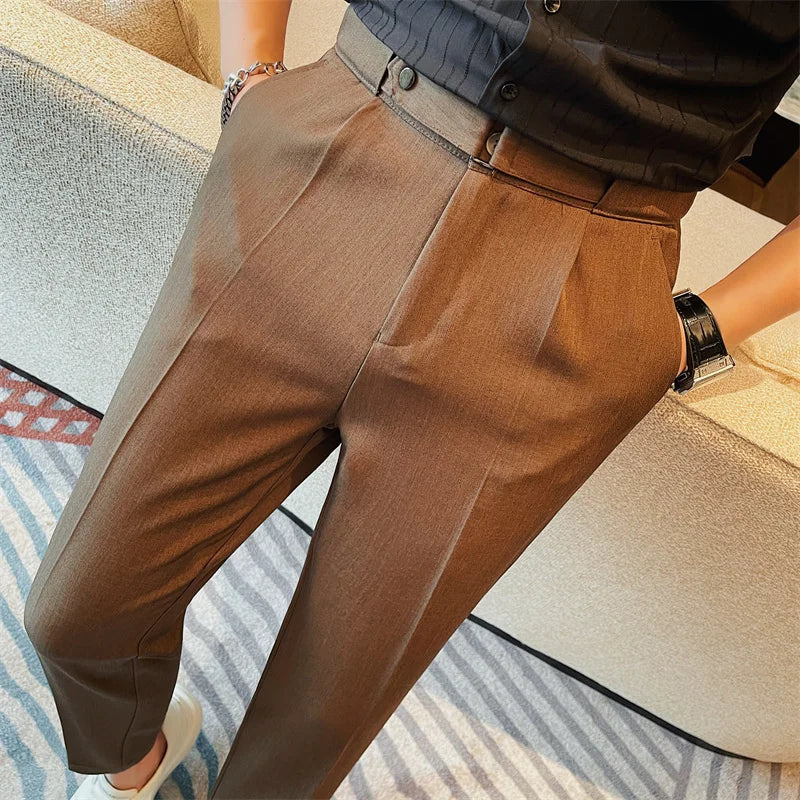 2024 Summer Fashion Belt Design Suit Pant High-waist Solid Color Business Slim Fit Formal Wedding Social Dress Ankle Pants 38-28