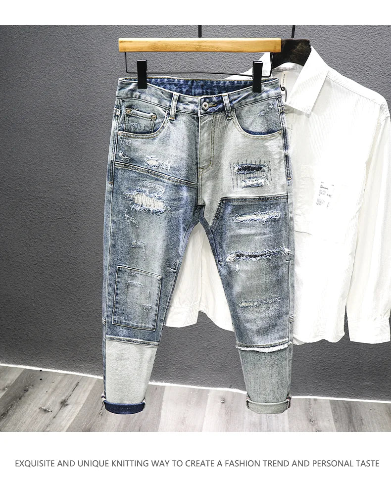 Autumn Winter New Trend Men's Straight Slim Jeans Ripped Hole Patch  Vintage Distressed Fashion Splicing Denim Pants Streetwear