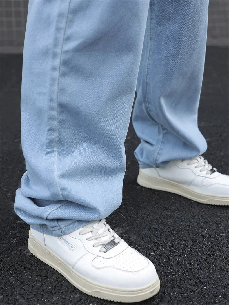 New Men's Cotton Baggy Y2K Jeans Fashion Male Clothes Elastic Waist Washed Wide Leg Pants Solid Straight Loose Denim Trousers