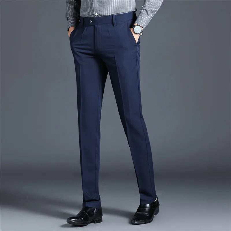 Suit Pants Men Straight Smart Casual Dress Pants Mens Solid Color Slim Elastic Formal Suit Trousers Four Seasons Mens Clothing