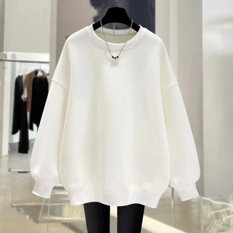 Pink Round Neck Sweatshirt Women's Fleece-Lined Thickened New Solid Color Idle Style Loose-Fit Pullover Top Autumn/Winter 2024