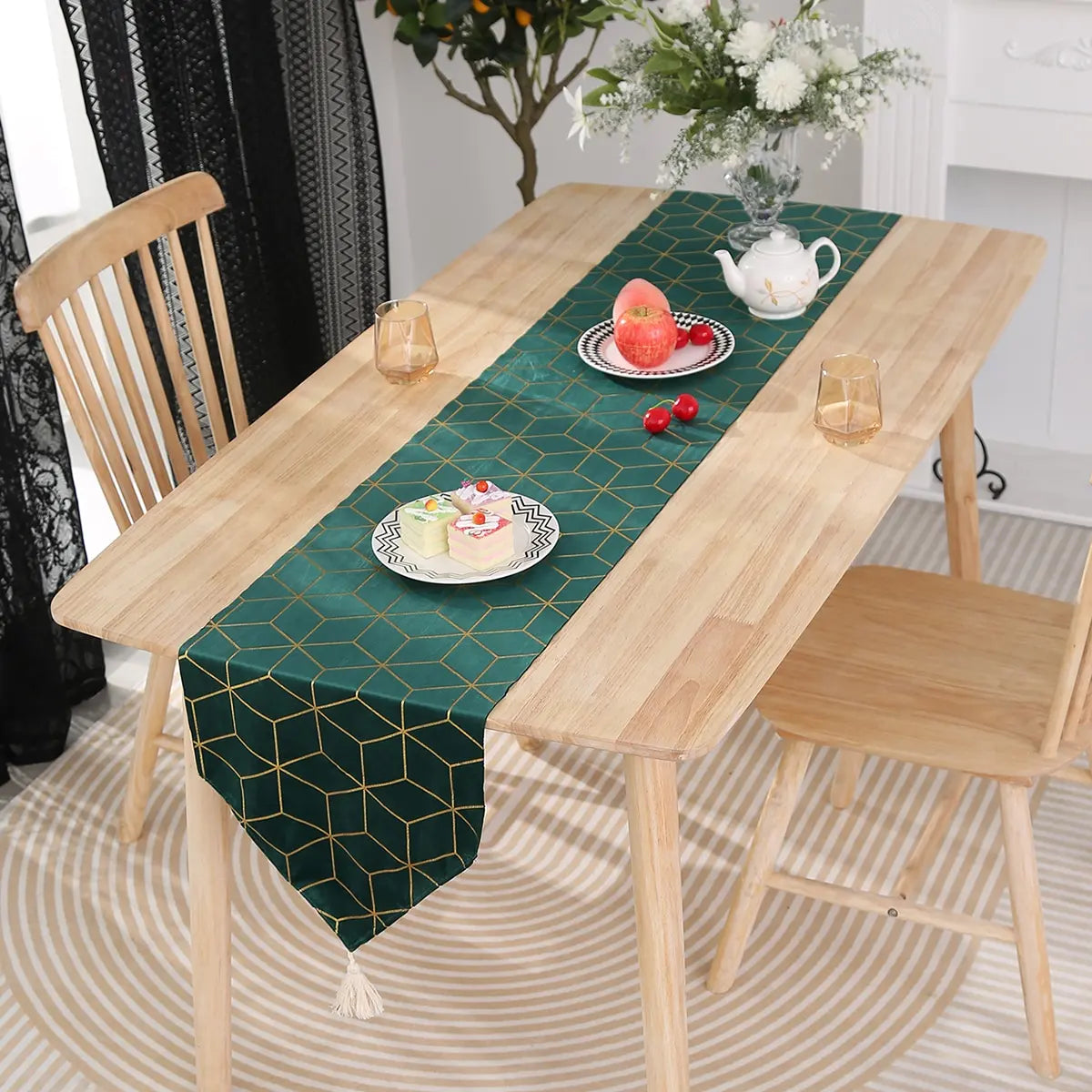 Green Geometric Table Runner 9FT Hunter Emerald Green Table Runner with Gold Foil Patterns