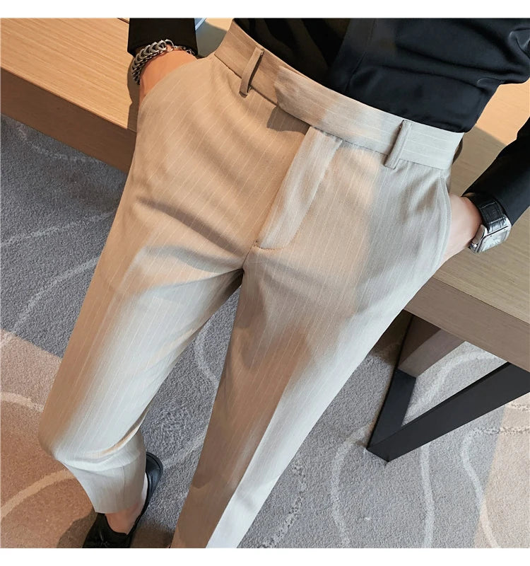 British Style Striped Slim Fit Suit Pant Men Business Casual Simple Dress Pants High Quality Social Wedding Party Trousers 38-28