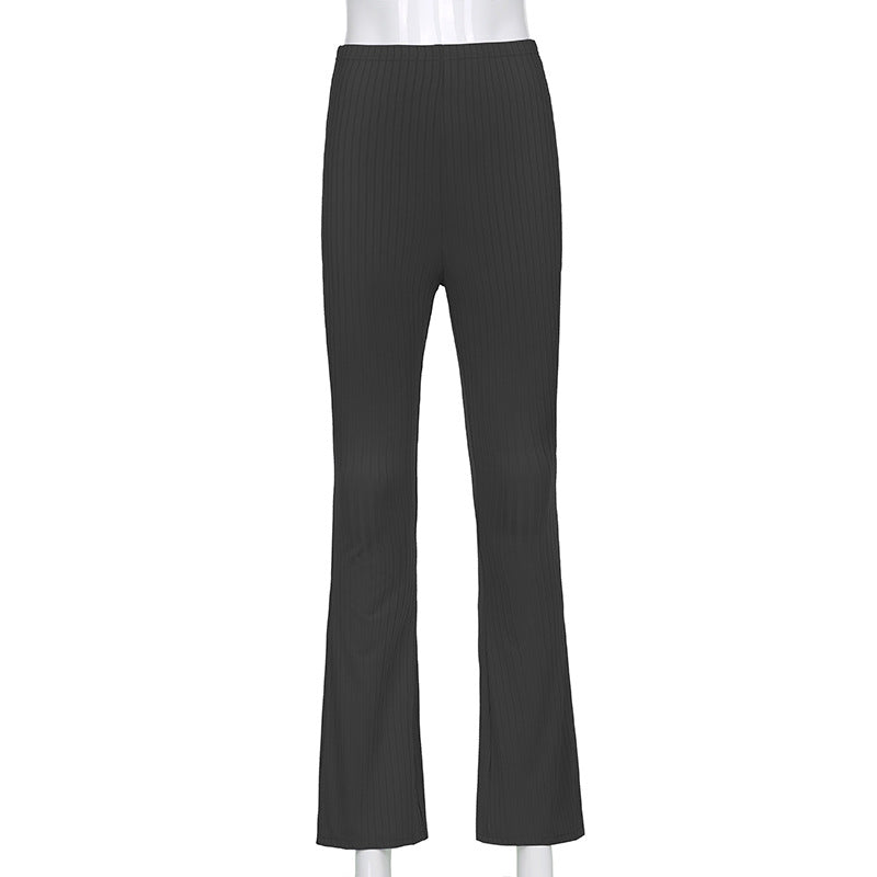 Combhasaki Women's Casual Y2K Basic Chic Elastic High Waist Trousers Sexy Slim Fit Solid Color Sporty Striped Flare Long Pants