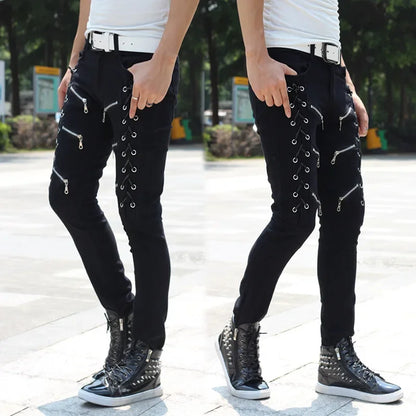 Motorcycle Denim Pants Men's Black Jeans Fashion Stretch Zipper Skinny Jeans Leather Moto Biker Men Slim Pants Hot Selling