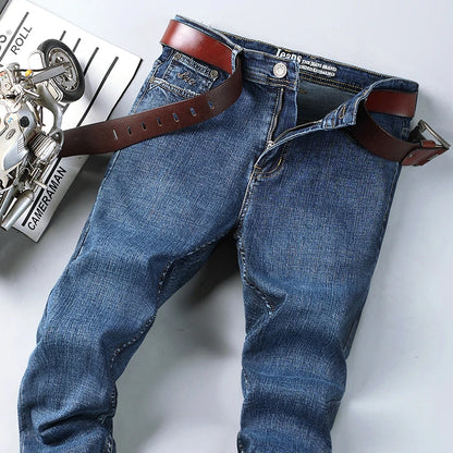 2024 Spring Autumn Office Business Jeans Men Classic Blue Cotton Stretch Straight-leg Denim Pants Male Brand Trousers